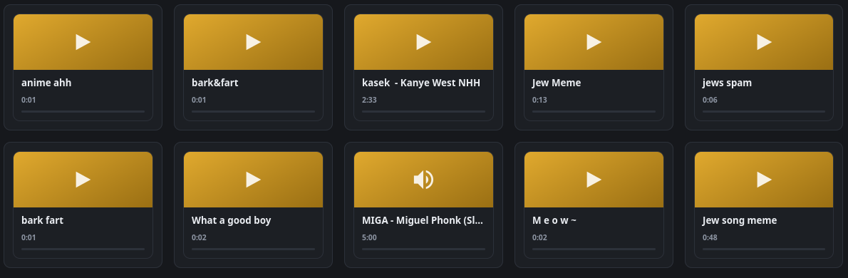 A grid of soundboard cards, each with artwork, a name and its length.