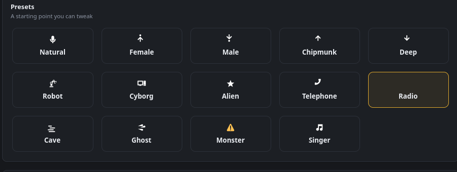Fourteen voice presets laid out in a grid: Natural, Female, Male, Chipmunk, Deep, Robot, Cyborg, Alien, Telephone, Radio, Cave, Ghost, Monster, Singer.